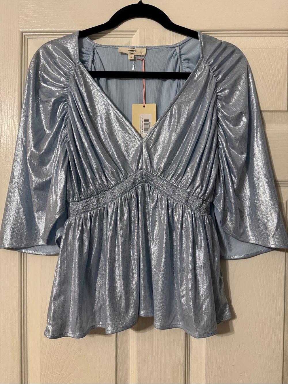entro Shimmery Light Blue V-Neck Peplum Blouse